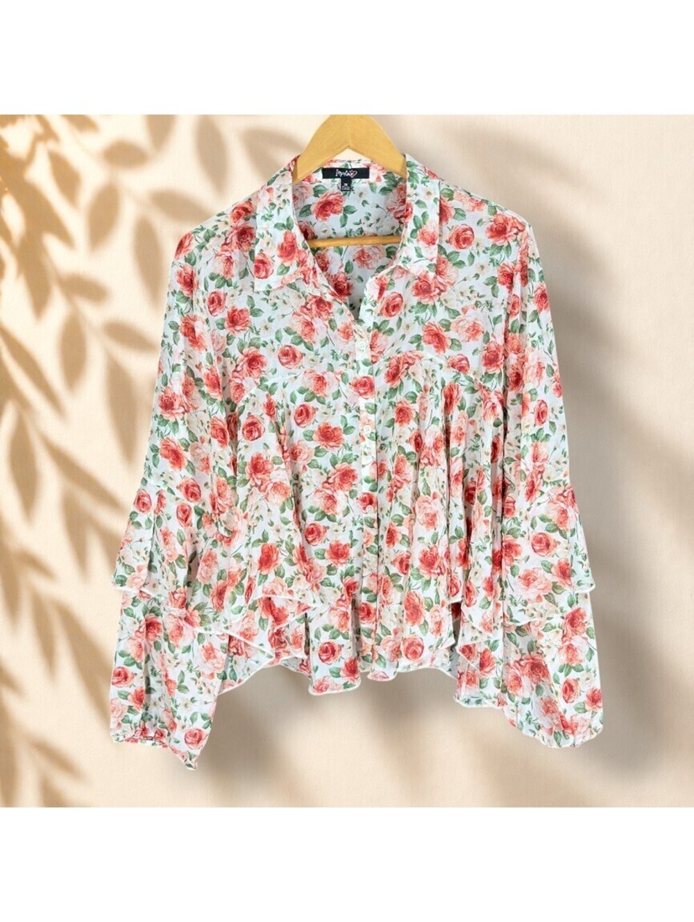 Impulsive Shirt Women 3X Plus White Floral Button Up Collared Long Sleeve Casual